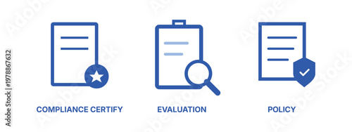 Business compliance certify and evaluation icons set for corporate management.
