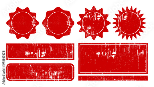 Red distressed starburst seal and rectangular rubber stamp set, Blank grunge ink badges and vintage textured frame collection, Set of red weathered stamp labels and certificate seal templates, Grunge 
