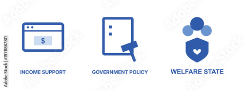 Income support government policy and welfare state vector icons in blue color.
