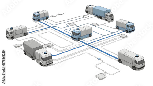 Self-Driving Cargo Truck Logistics Network Continuous Line CAD Engineering Blueprint with Route Mapping Technical Diagram