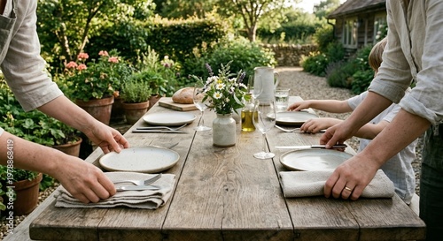 People setting a rustic wooden table for a family dinner in a beautiful summer garden.