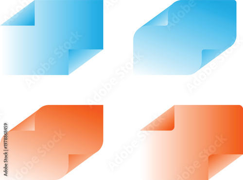 Abstract symmetrical sticky note shapes with blue and orange gradients featuring top and bottom curled corners vector