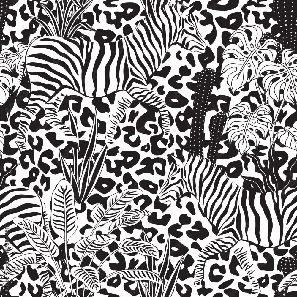 Naklejka premium Zebra graphic seamless pattern. Cactus, tropical plant, banana tree graphic wallpaper.