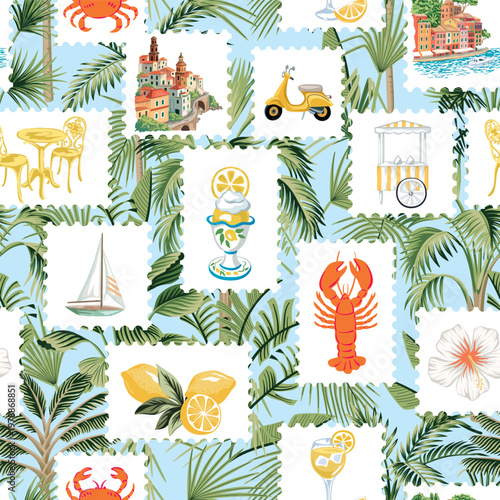 Amalfi, sailboat, lemon branch, lobster, crab, Italian town, gelato, sailboat in the frames seamless pattern, palms background. Summer resort postage stamp.