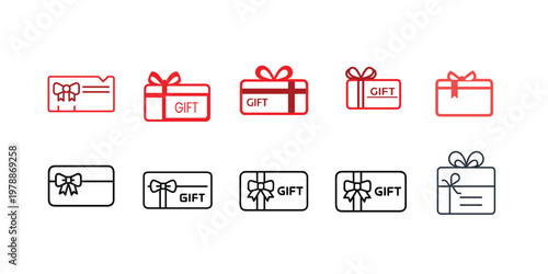 Gift and voucher line icons set featuring surprise present gift box reward card and discount coupon more vector illustration with editable stroke.
