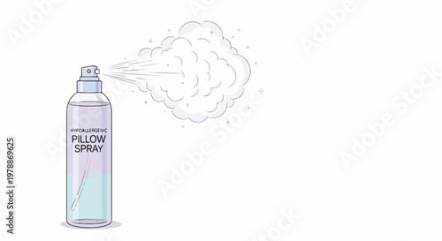 Pillow spray vector illustration for relaxation and sleep aid. Pillow spray bottle dispensing mist for calming atmosphere. Vector pillow spray for bedtime routine and aromatherapy.
