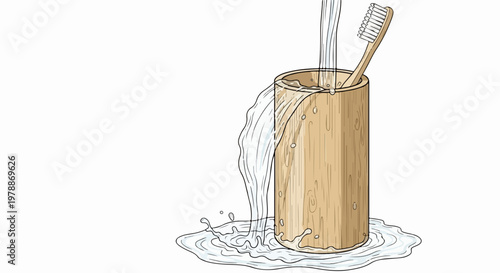 Bamboo toothbrush holder with water overflow, vector illustration for sustainable dental hygiene. for branding, packaging, banner, poster, website header, and social media design use