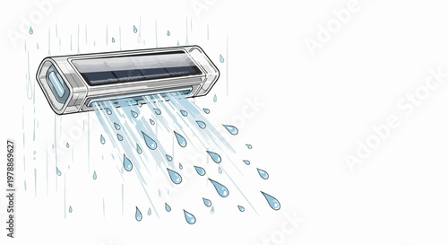Air conditioner unit blowing cool air with water droplets in a stylized vector illustration. Cooling system concept for home comfort and climate control.