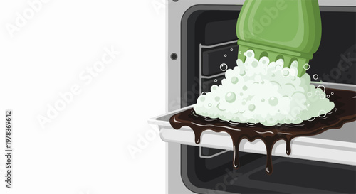 Oven cleaning vector illustration showing burnt food residue on baking tray being scrubbed with cleaning foam. Kitchen hygiene concept for home maintenance and appliance care.