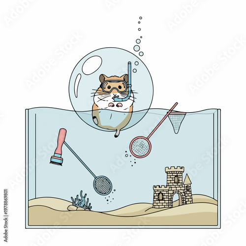 Cute hamster in snorkel mask exploring aquarium with sand castle and cleaning tools, whimsical vector illustration for pet lovers.
