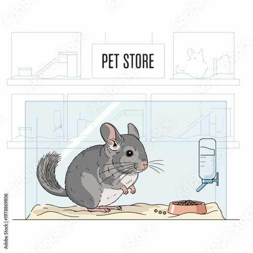 Chinchilla in pet store enclosure with food and water dispenser, vector illustration for pet care concepts.