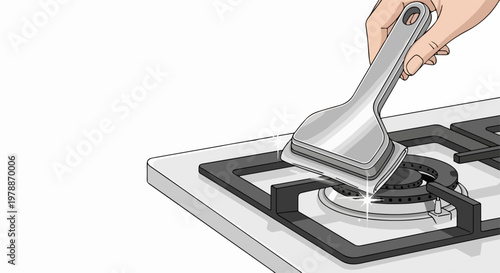Vector illustration of cleaning gas stove top with scraper tool for kitchen hygiene and maintenance.