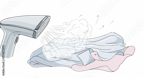 Handheld garment steamer vector illustration, removing wrinkles from fabric with steam. Portable fabric steamer for quick clothing care. Essential tool for travel and home use.