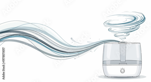 Humidifier releasing swirling mist in abstract wave pattern, clean air concept vector illustration. Humidifier creating fresh atmosphere with vapor stream, healthy living space.