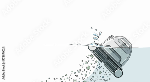 Robotic pool cleaner sinking with debris in water, vector illustration. Underwater cleaning device submerged, collecting small particles and waste. Concept of pool maintenance failure or malfunction.