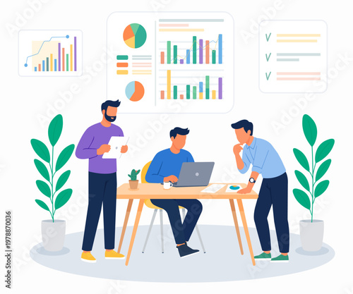 Three businessmen discussing project strategy with charts and analytics in office. Professional teamwork, planning, brainstorming and collaboration during workflow. Flat vector illustration