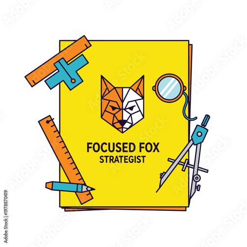 Focused Fox Strategist Branding Illustration with Geometric Fox Logo and Drafting Tools for Engineering and Design Planning