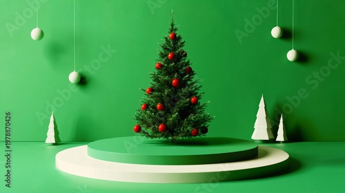 Bright Christmas Tree on Green Stage With White Decorations and Small Trees