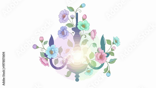 Elegant floral chandelier vector illustration with pastel blooming flowers and leaves, decorative lighting element for interior design.