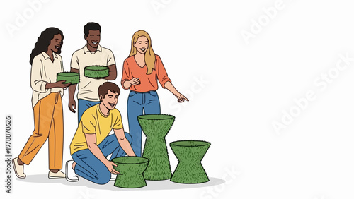 Diverse group of people arranging green hourglass shaped planters for gardening project, vector illustration style. Teamwork in urban gardening, community planting,