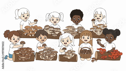 Children's mushroom picking activity vector illustration, diverse kids learning about fungi, forest foraging fun, educational outdoor adventure.