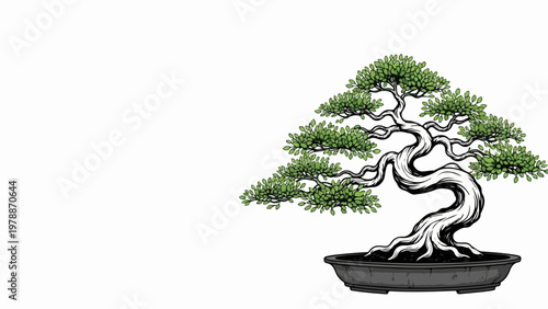 Stylized vector bonsai tree in pot, intricate branches and lush green foliage, a symbol of patience and tranquility for decorative purposes.