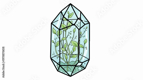 Geometric terrarium with green plant growth inside, a modern botanical display for home decor. Geometric terrarium showcasing vibrant plant life, a unique decorative element.