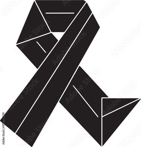 Black awareness ribbon with geometric folded on a white background