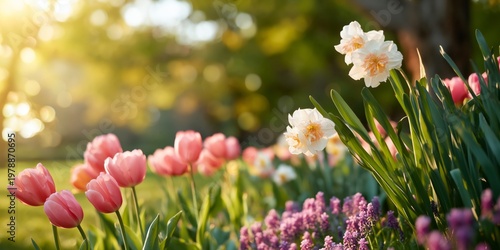 Bright Flowers in a Garden During the Day With Sunlight Shining Through Leave...