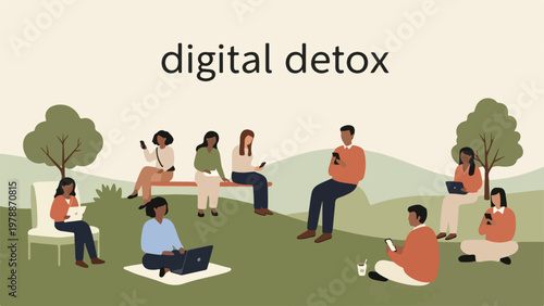 Digital detox concept illustration with diverse people enjoying nature and disconnecting from technology, promoting mindful living and outdoor activities.
