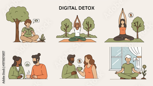 Digital detox concept with people meditating outdoors and indoors practicing mindfulness and yoga. Digital detox lifestyle promotes mental wellness and connection with nature.