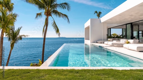 Luxury Villa and Swimming Pool Near Ocean With Palm Trees Under Blue Sky