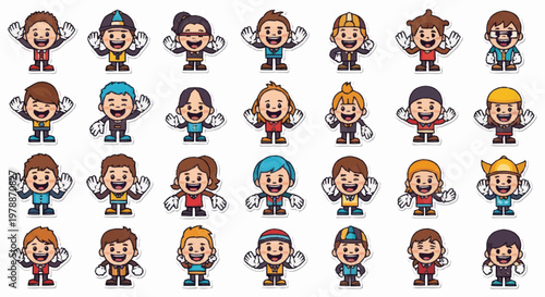Collection of Diverse Cartoon Characters with Various Expressions and Outfits.