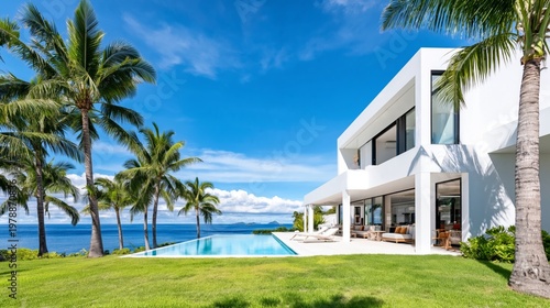 Luxury Villa and Swimming Pool Near Ocean With Palm Trees Under Blue Sky