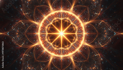 Glowing golden mandala with fractal patterns and sparks