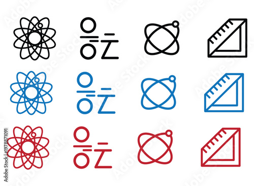 Set of colorful atomic and molecular science icons in flat design for education and technology