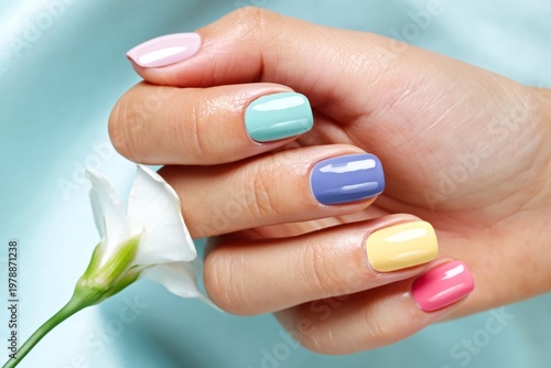 Colorful Nails With Flowers on Hand During a Nail Art Session Indoors