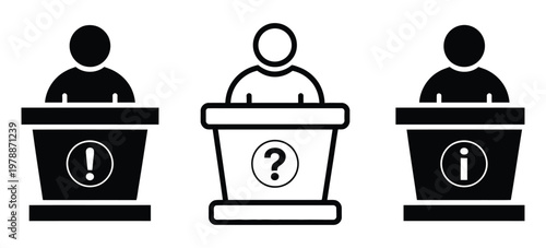 Customer service icons, information desk person symbols with question, exclamation and info signs for assistance, help center and inquiry concepts, clean minimal vector