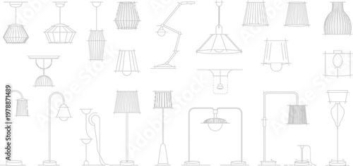 Vector lamp icons, line art lighting fixtures, minimalist lamp illustrations, 25 lamps
