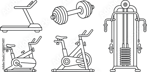 Gym equipment icons, fitness machines, exercise bikes, treadmills, workout gear, vector illustrations