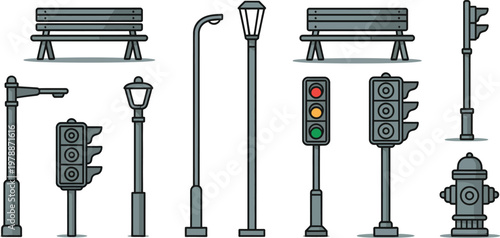 Urban infrastructure icons, city street signs, traffic lights, benches, vector graphics
