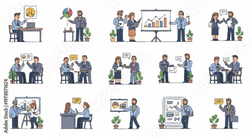 Business meeting and presentation illustrations set.