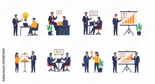 Business meeting and presentation illustrations set.