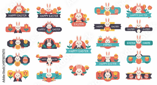 Happy Easter bunny and egg decorations set.
