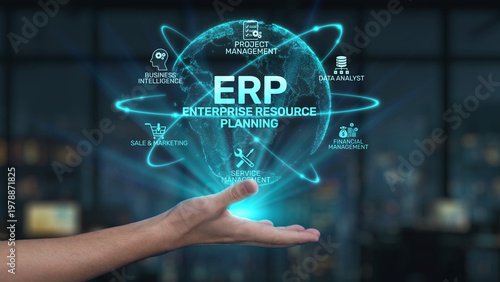 Canvastavla A hand reaches out toward a glowing globe representing the concept of ERP, emphasizing elements like project management, data analysis, and financial organization