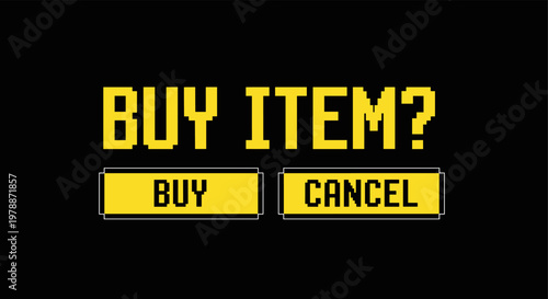Pixel art retro game interface with buy and cancel options