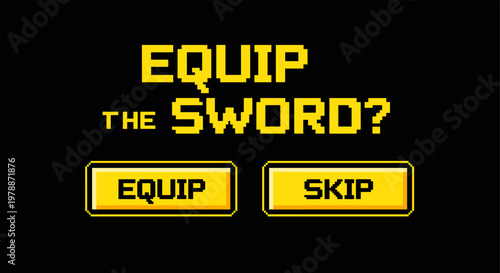 Retro pixel art game interface with equip sword decision panel