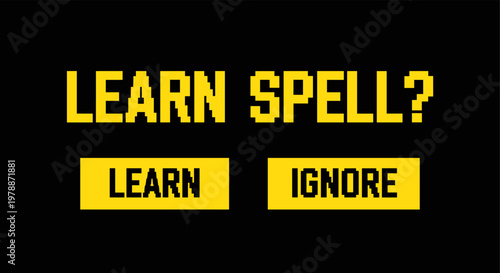 Pixel art gaming interface with learn spell dialogue options