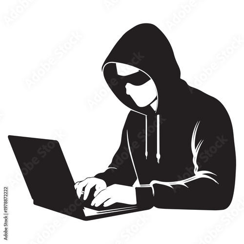 Hacker in hoodie using laptop computer isolated on white background