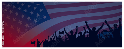 ILLUSTRATION AVEC DRAPEAU AMÉRICAIN EN ARRIÈRE-PLAN ET UN PUBLIC JOYEUX